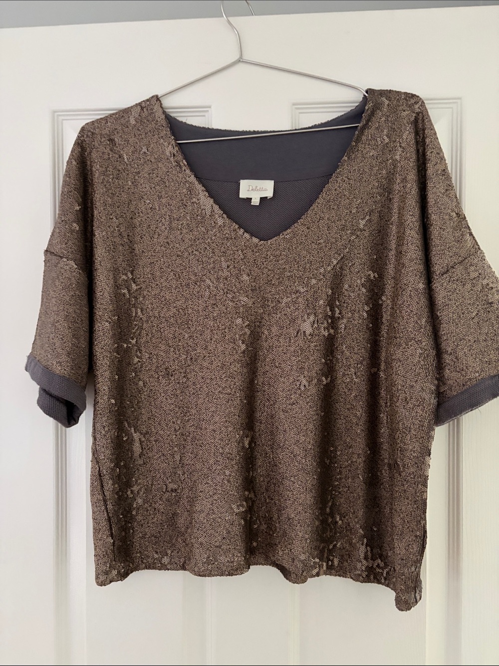 Deletta Taupe V-Neck Short Sleeve sweat shirt like Knit sequins Top